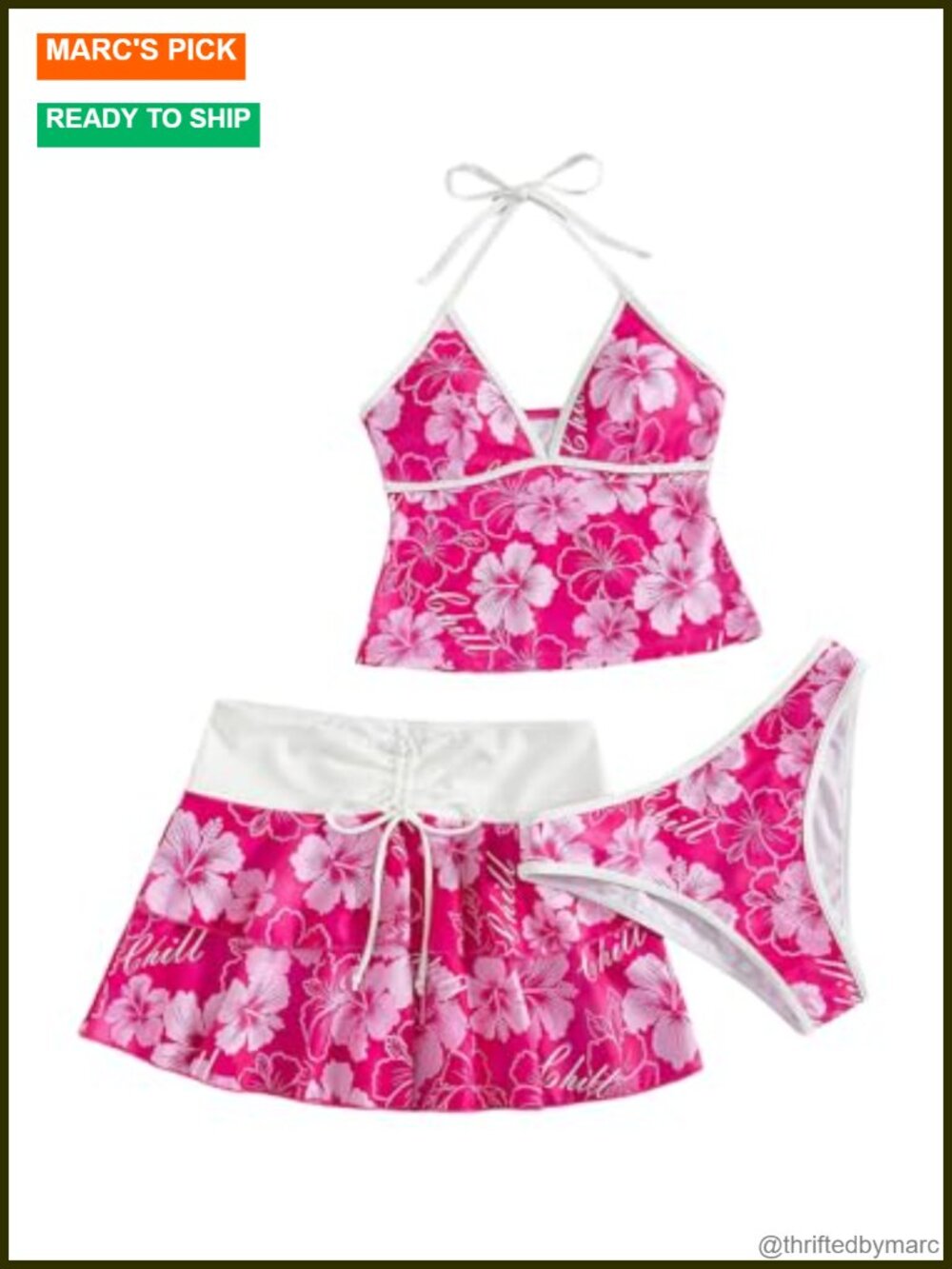 Women's 3 Piece Floral Tankini Set Halter Top Skirt & Thong Swimsuit